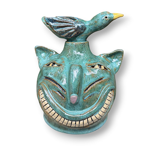 Jackie Apessos 6.75" Grinning Cat Face Jug w/Bird Stopper DP6335